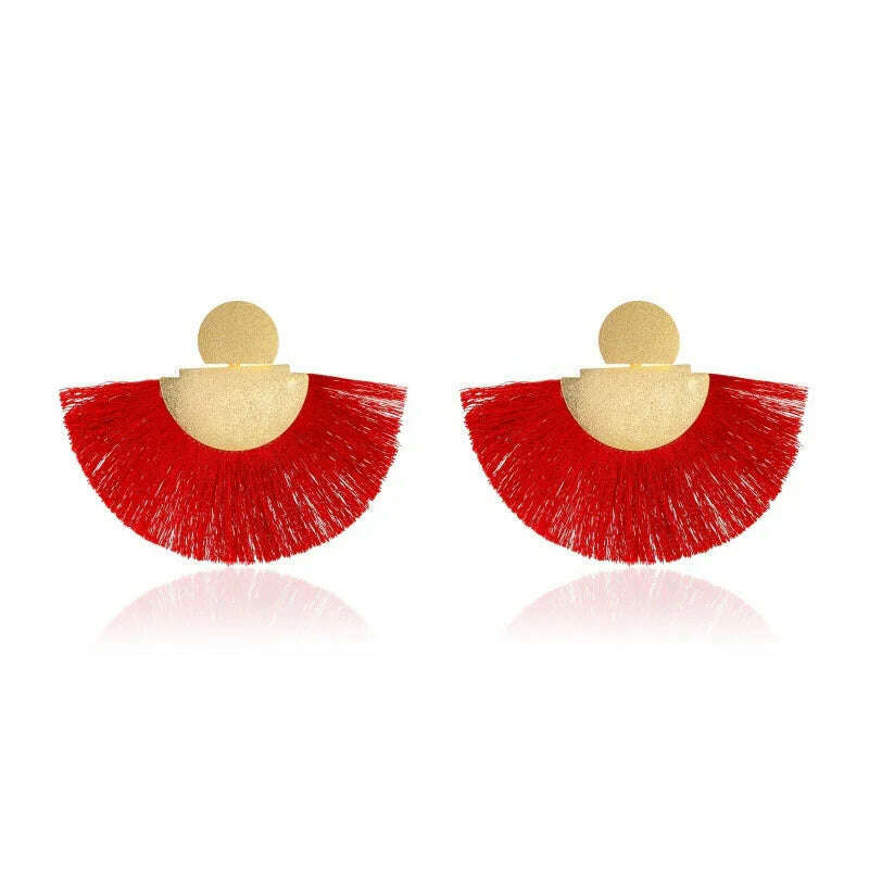 KIMLUD, Geometry Retro Dull Polish Fan Blue Pink White Red Black Yellow Golden Alloy Drop Earrings Dangle Earrings for Women, red, KIMLUD APPAREL - Womens Clothes