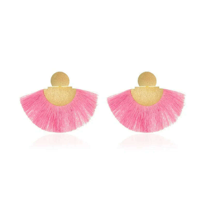 KIMLUD, Geometry Retro Dull Polish Fan Blue Pink White Red Black Yellow Golden Alloy Drop Earrings Dangle Earrings for Women, pink, KIMLUD APPAREL - Womens Clothes