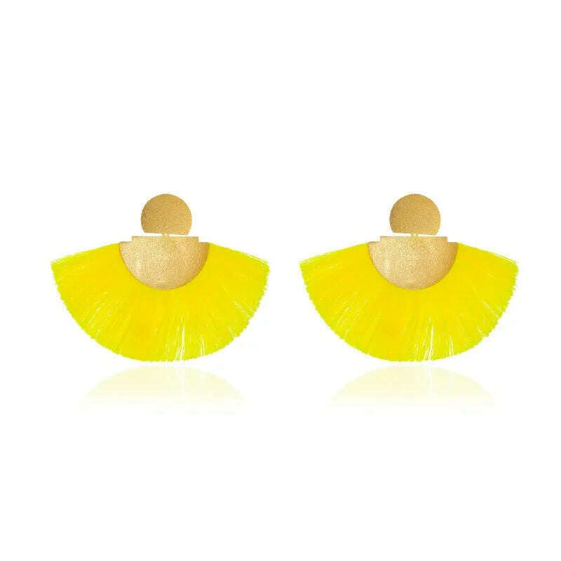 KIMLUD, Geometry Retro Dull Polish Fan Blue Pink White Red Black Yellow Golden Alloy Drop Earrings Dangle Earrings for Women, yellow, KIMLUD APPAREL - Womens Clothes