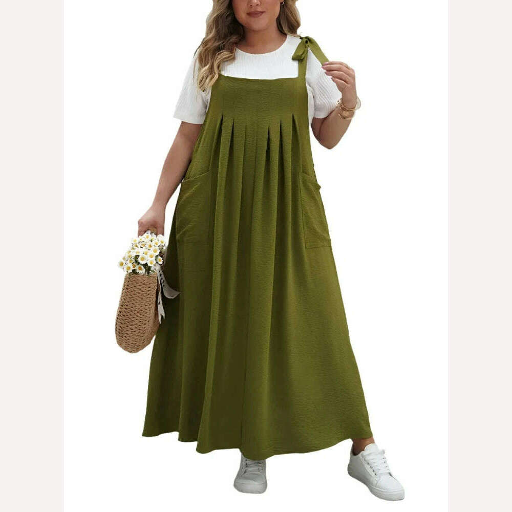 GIBSIE Plus Size Solid Tie Shoulder Overalls Dress For Women 2024 Summer Casual Loose Sleeveless Maxi Long Dresses with Pockets - KIMLUD