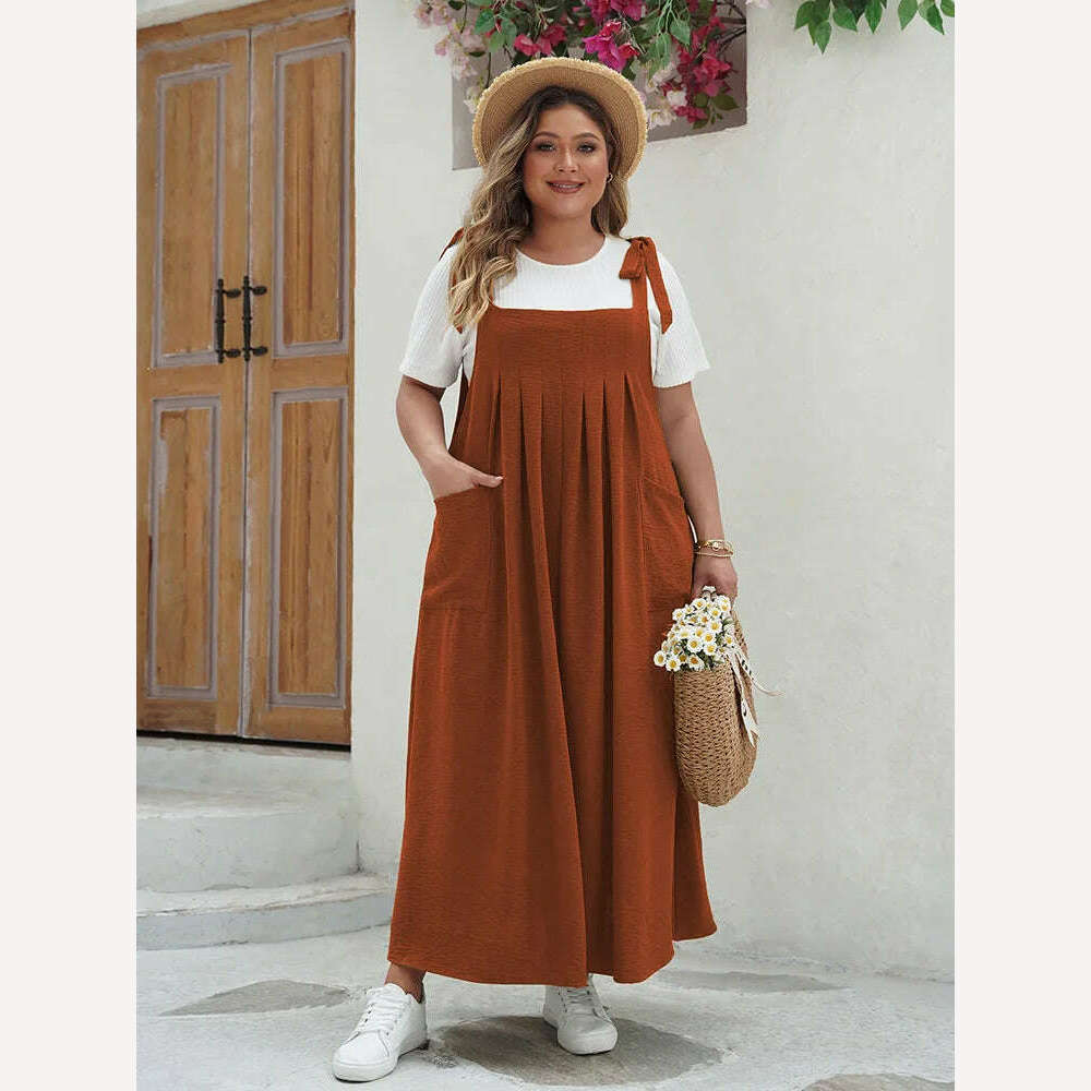 KIMLUD, GIBSIE Plus Size Solid Tie Shoulder Overalls Dress For Women 2024 Summer Casual Loose Sleeveless Maxi Long Dresses with Pockets, Brown / 4XL, KIMLUD APPAREL - Womens Clothes