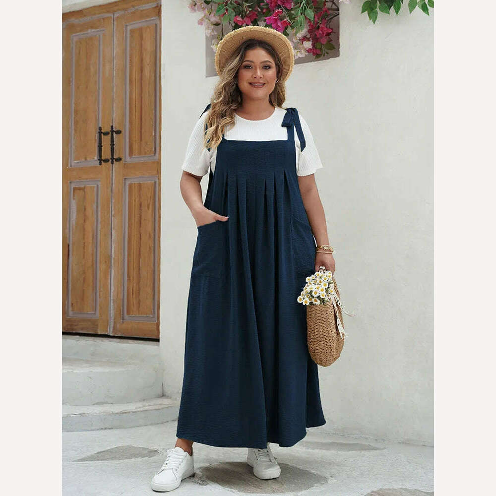 KIMLUD, GIBSIE Plus Size Solid Tie Shoulder Overalls Dress For Women 2024 Summer Casual Loose Sleeveless Maxi Long Dresses with Pockets, Navy Blue / XL, KIMLUD APPAREL - Womens Clothes