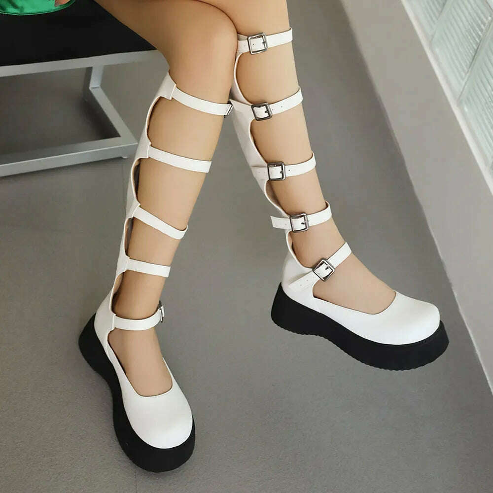 Girl Wedges Thick Platform Mary Janes Women Shoes Buckle Hollow Motorcycle Cool Boots Sandals New Designer Lolita Women Shoes - KIMLUD