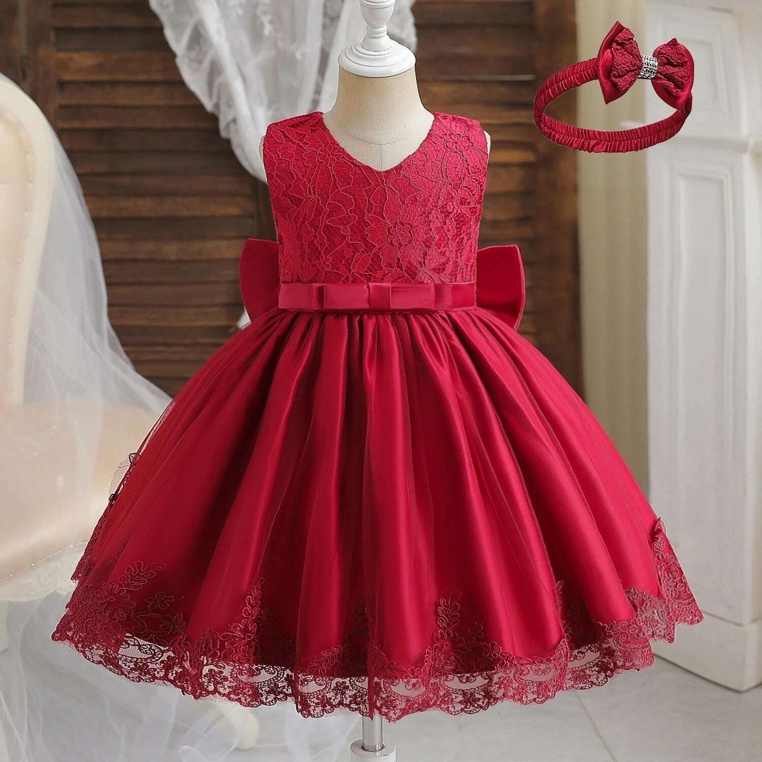 Girls Formal Wedding Party Dress for 1-5Y Infant Birthday Christening Lace Elegant Gown Christams Flower Dresses for Baby Girl - KIMLUD