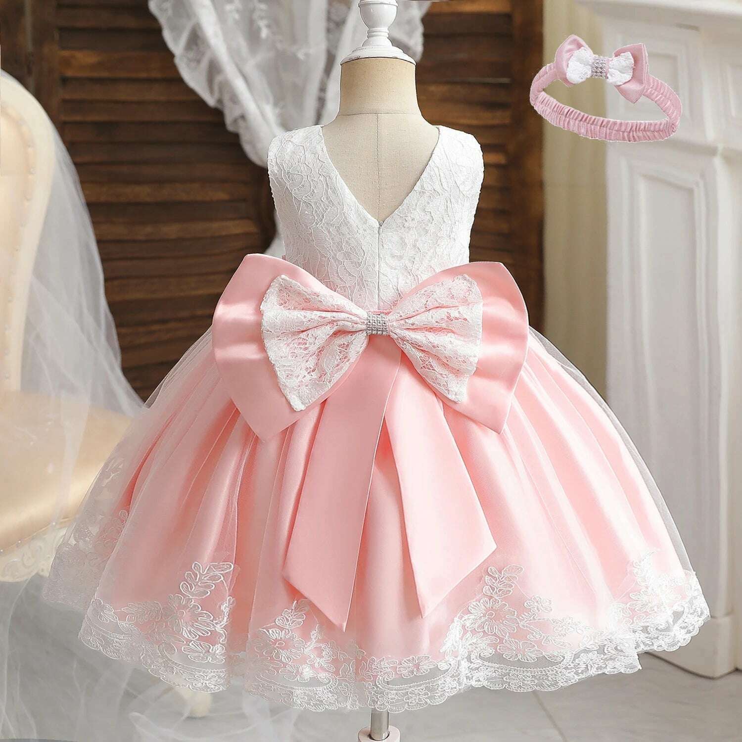 Girls Formal Wedding Party Dress for 1-5Y Infant Birthday Christening Lace Elegant Gown Christams Flower Dresses for Baby Girl - KIMLUD