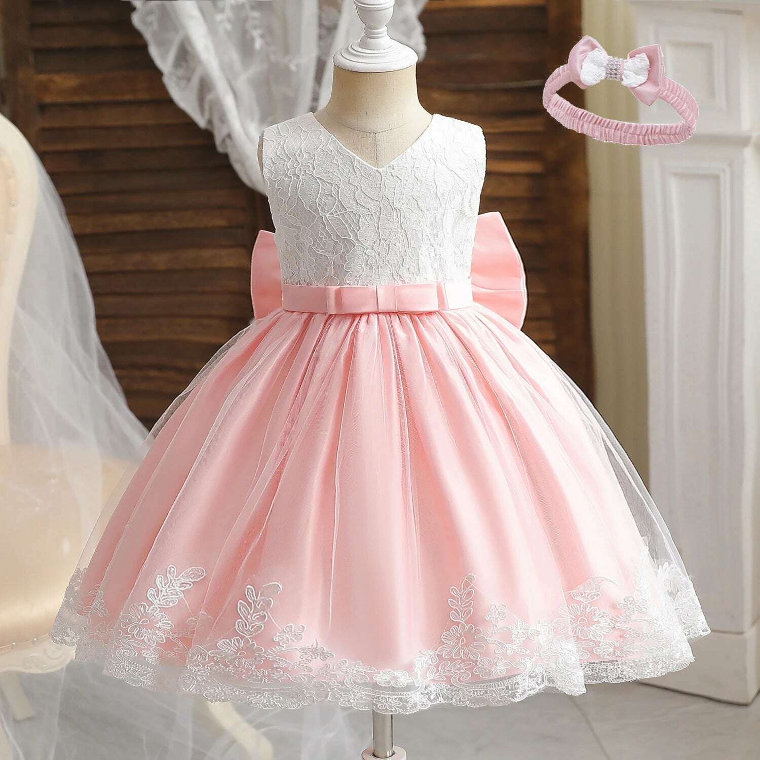 Girls Formal Wedding Party Dress for 1-5Y Infant Birthday Christening Lace Elegant Gown Christams Flower Dresses for Baby Girl - KIMLUD