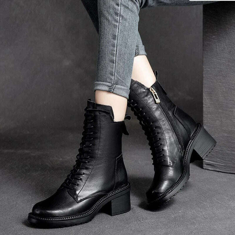 KIMLUD, GKTINOO 2022 Cow Leather Quality Women Shoes Autumn Winter Square Med Heel Ankle Boots Lace Up Zipper Ladies Pumps Size 35-40, 60883 Black / 5, KIMLUD APPAREL - Womens Clothes