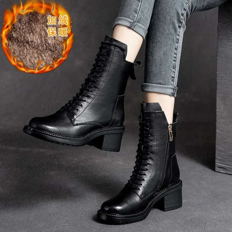 KIMLUD, GKTINOO 2022 Cow Leather Quality Women Shoes Autumn Winter Square Med Heel Ankle Boots Lace Up Zipper Ladies Pumps Size 35-40, Black inside fur / 5, KIMLUD APPAREL - Womens Clothes