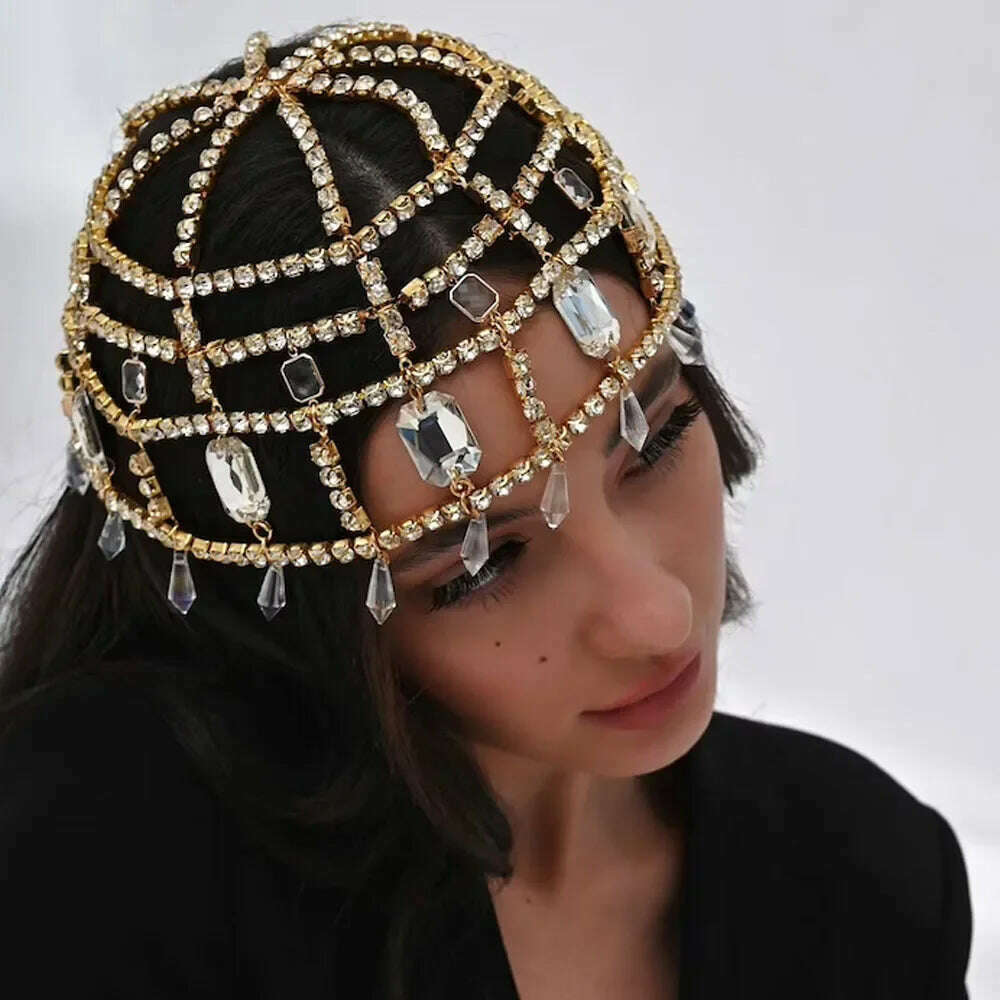 KIMLUD, Glam Fringe Crystal Hat Cap Luxury Hair Accessories Tiara Bride Wedding Pendant Hair Chain Jewelry Headpiece Rhinestone Decor, KIMLUD Womens Clothes