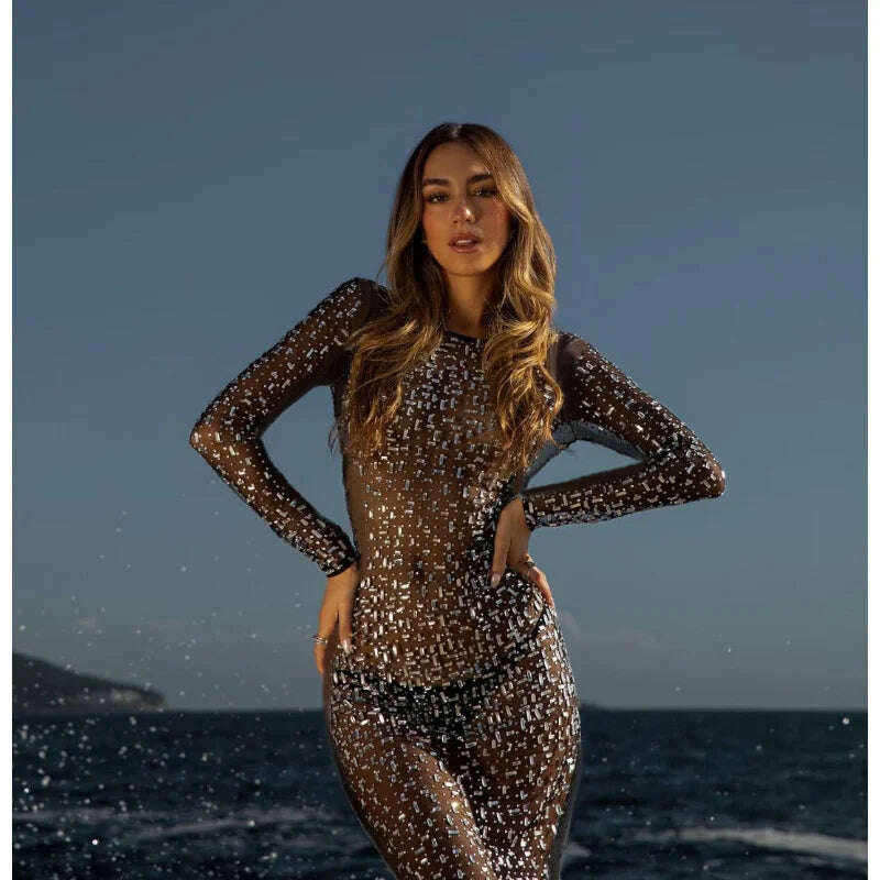 KIMLUD, Glitter Female Cover up Maxi Dress Mesh See-Through Split Fashion Long Sleeve Slim Sexy Beach Cover up Dress For Women New, KIMLUD Womens Clothes