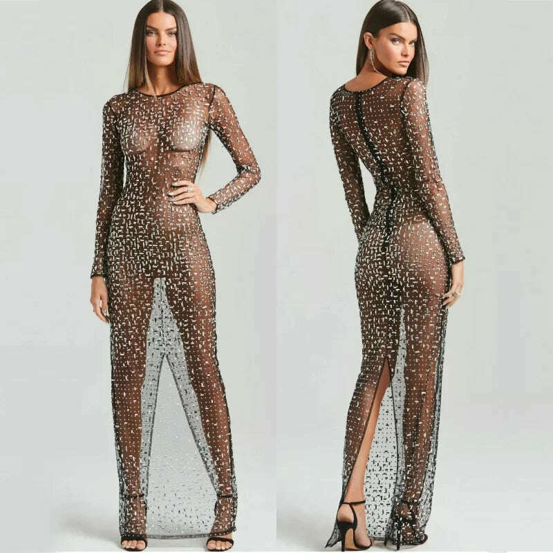 KIMLUD, Glitter Female Cover up Maxi Dress Mesh See-Through Split Fashion Long Sleeve Slim Sexy Beach Cover up Dress For Women New, KIMLUD Womens Clothes