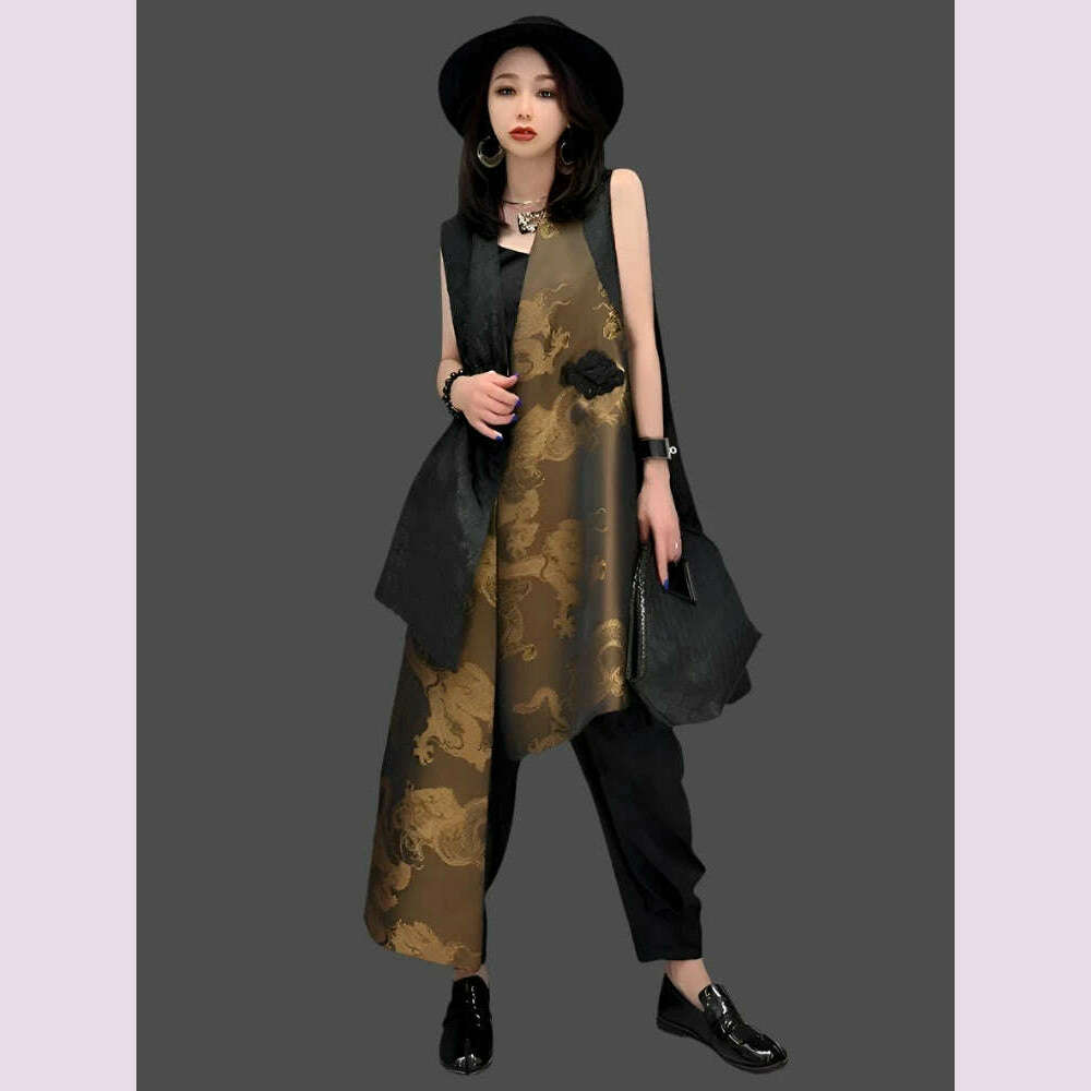 KIMLUD, Gold 2024 spring Summer New Fashion Chinese Style Sleeveless Vest Coat Female Show Slim Versatile Women Irregular Jacket ZXF903, KIMLUD Womens Clothes