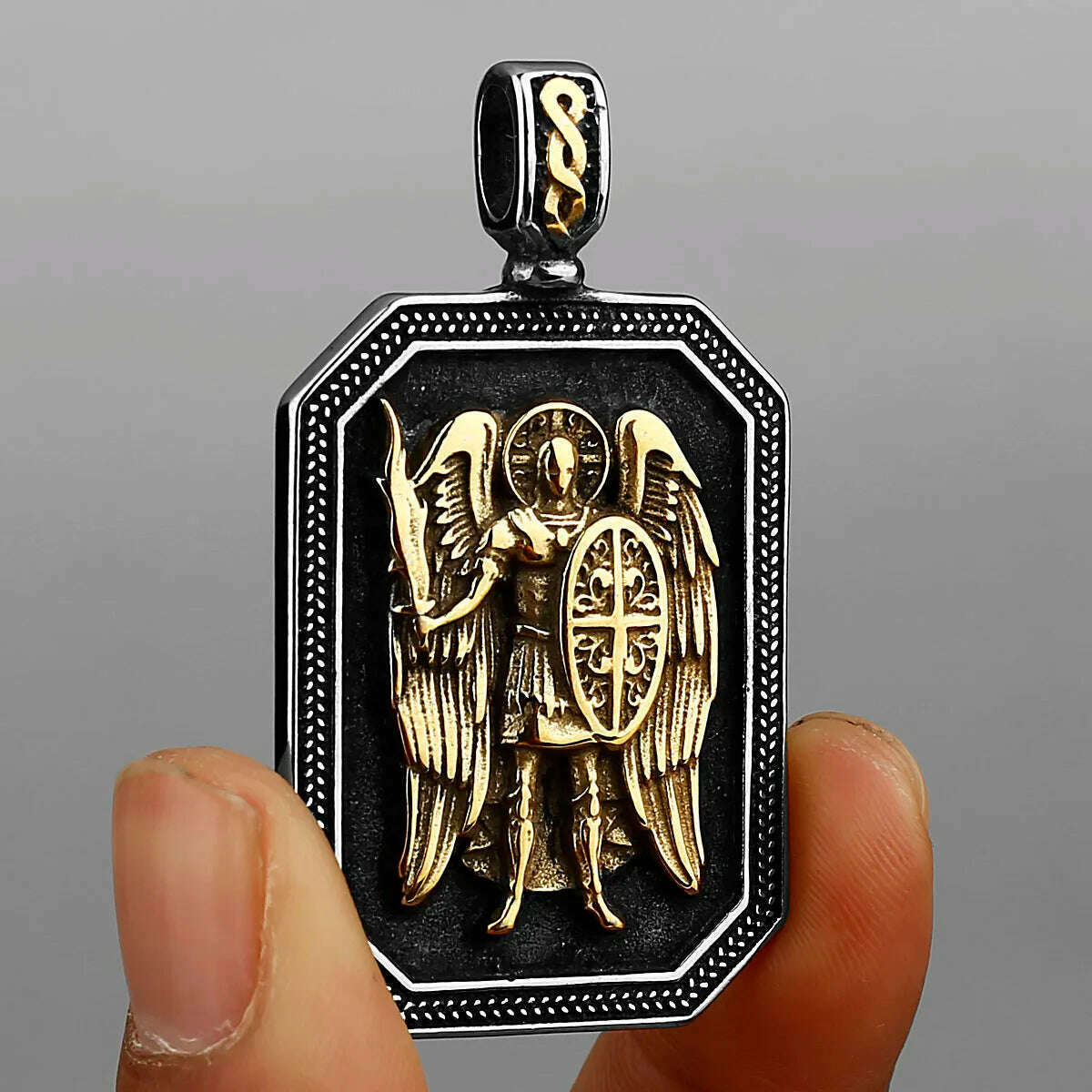 KIMLUD, Gold Archangel Michael Cross Shield Prayer Tag Titanium Stainless Steel Pendant Men&#39;s Amulet Necklace Pendant Gift Wholesale, Chainless, KIMLUD APPAREL - Womens Clothes