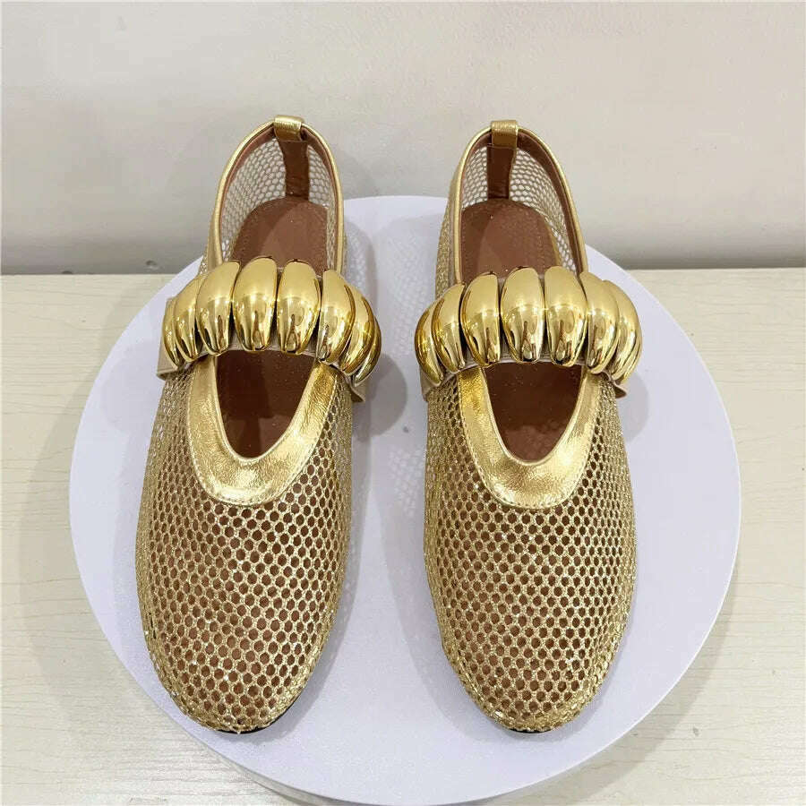 KIMLUD, Gold Hollow Out Women Ballet Flats Mesh Walking Loafers Ladies Mary Janes Elastic Band Flat Shoes Espadrilles Summer Sandals, KIMLUD Womens Clothes