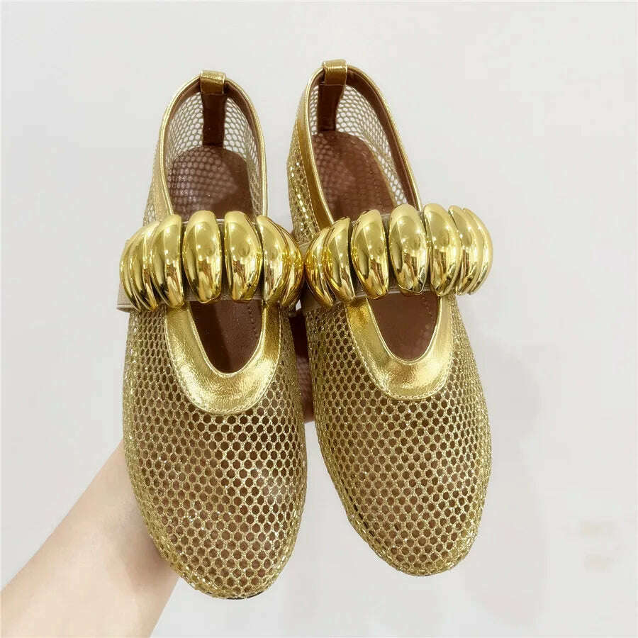 KIMLUD, Gold Hollow Out Women Ballet Flats Mesh Walking Loafers Ladies Mary Janes Elastic Band Flat Shoes Espadrilles Summer Sandals, Gold Mesh (Button) / 36, KIMLUD APPAREL - Womens Clothes