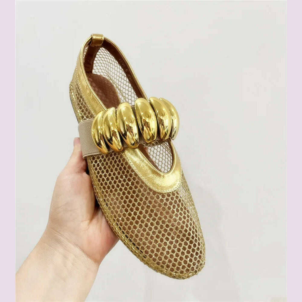 KIMLUD, Gold Hollow Out Women Ballet Flats Mesh Walking Loafers Ladies Mary Janes Elastic Band Flat Shoes Espadrilles Summer Sandals, KIMLUD Womens Clothes