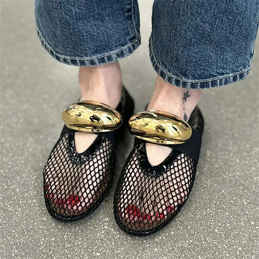 KIMLUD, Gold Hollow Out Women Ballet Flats Mesh Walking Loafers Ladies Mary Janes Elastic Band Flat Shoes Espadrilles Summer Sandals, Black Mesh (Brooch) / 41, KIMLUD APPAREL - Womens Clothes