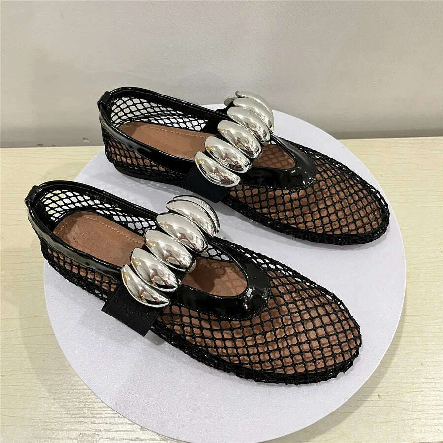 KIMLUD, Gold Hollow Out Women Ballet Flats Mesh Walking Loafers Ladies Mary Janes Elastic Band Flat Shoes Espadrilles Summer Sandals, KIMLUD Womens Clothes