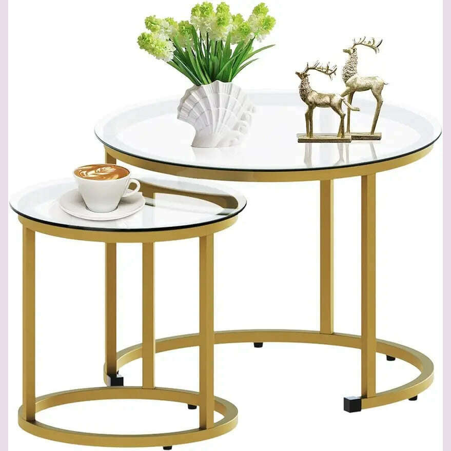 KIMLUD, Gold Nesting Coffee Table Set of 2, Small Glass Nesting Tables for Living Room Bedroom, Accent Tea Table with Metal Frame, KIMLUD Womens Clothes