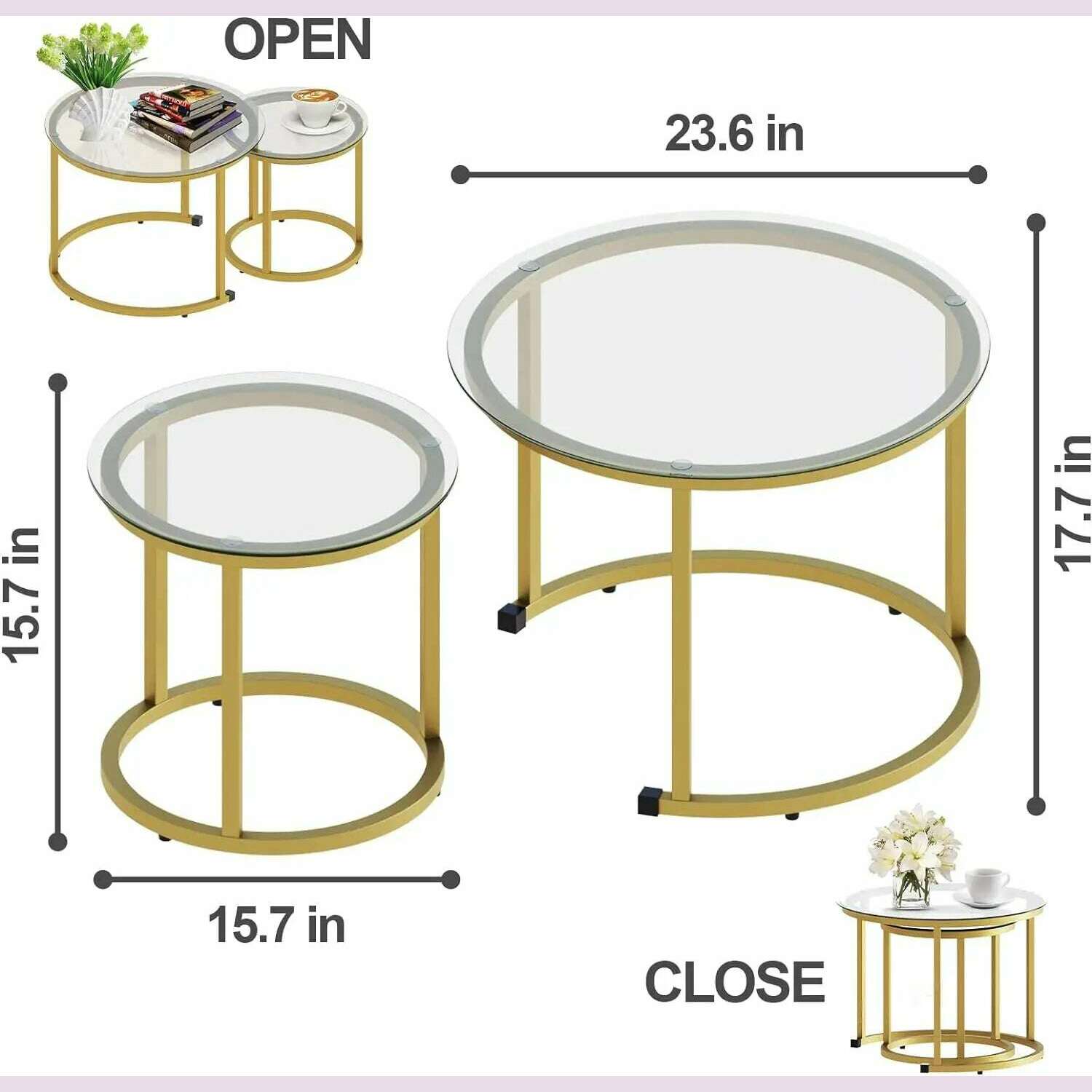 KIMLUD, Gold Nesting Coffee Table Set of 2, Small Glass Nesting Tables for Living Room Bedroom, Accent Tea Table with Metal Frame, KIMLUD Womens Clothes