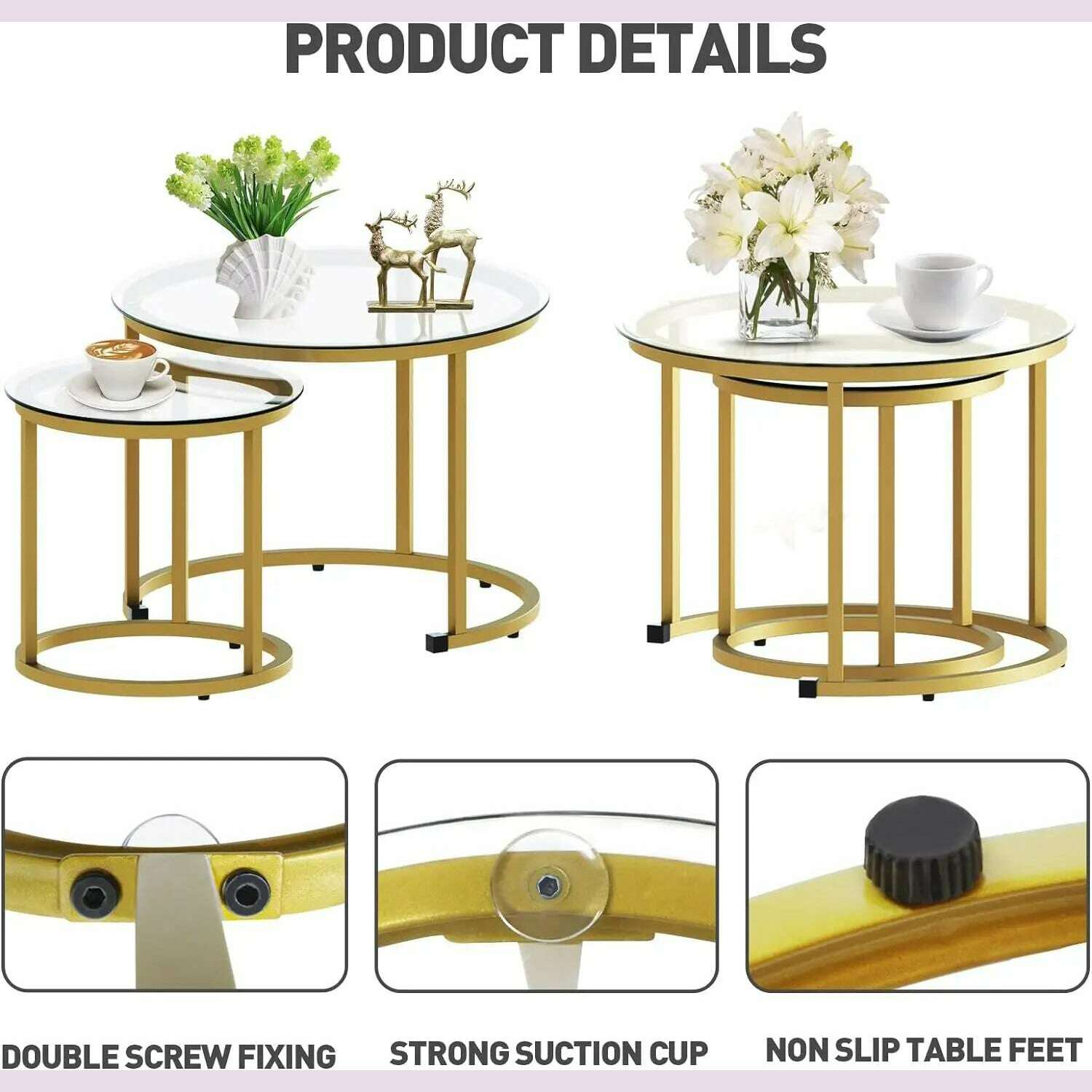 KIMLUD, Gold Nesting Coffee Table Set of 2, Small Glass Nesting Tables for Living Room Bedroom, Accent Tea Table with Metal Frame, KIMLUD Womens Clothes