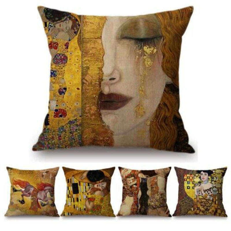 Gold Oil Painting Throw Pillow Cover Gustav Klimt Gallery Pillow Case Home Decorative Pillow Linen Pillowcase Sofa Cushion - KIMLUD