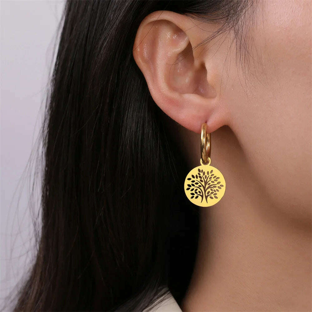 Gold Plated Tree of Life Rond Dangle Hoop Earrings for Women Stainless Steel Luxury Charm Trend Female Earring Jewelry Gifts - KIMLUD