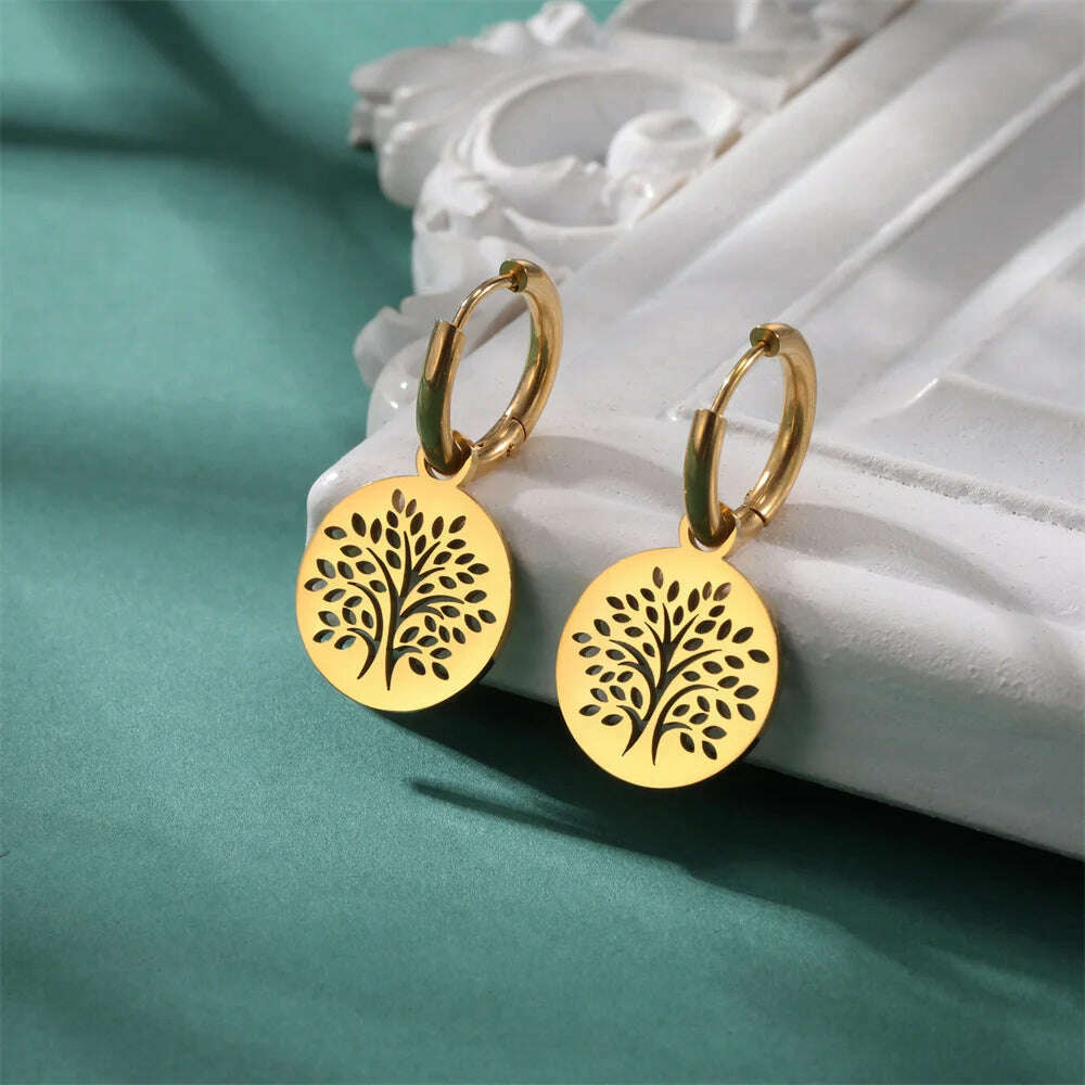 Gold Plated Tree of Life Rond Dangle Hoop Earrings for Women Stainless Steel Luxury Charm Trend Female Earring Jewelry Gifts - KIMLUD