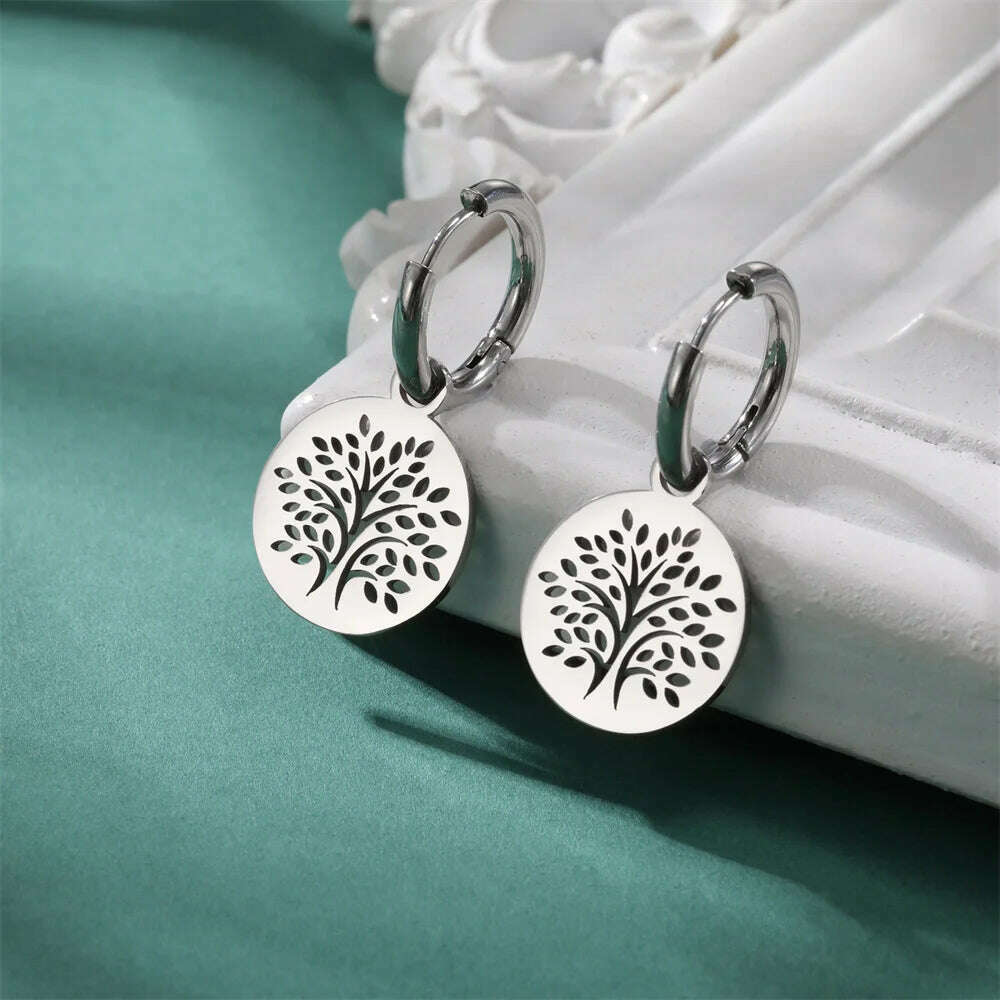 Gold Plated Tree of Life Rond Dangle Hoop Earrings for Women Stainless Steel Luxury Charm Trend Female Earring Jewelry Gifts - KIMLUD