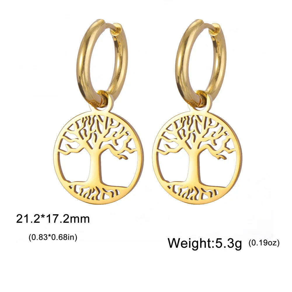 KIMLUD, Gold Plated Tree of Life Rond Dangle Hoop Earrings for Women Stainless Steel Luxury Charm Trend Female Earring Jewelry Gifts, Gold Tree B, KIMLUD APPAREL - Womens Clothes