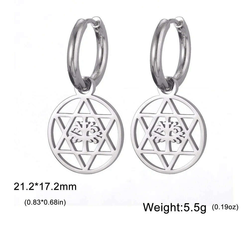 KIMLUD, Gold Plated Tree of Life Rond Dangle Hoop Earrings for Women Stainless Steel Luxury Charm Trend Female Earring Jewelry Gifts, Silver Star, KIMLUD APPAREL - Womens Clothes