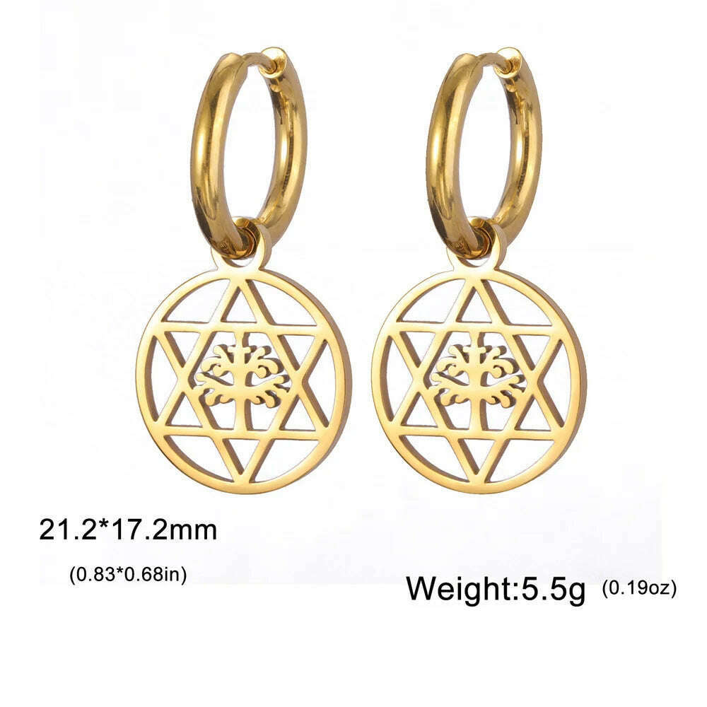 KIMLUD, Gold Plated Tree of Life Rond Dangle Hoop Earrings for Women Stainless Steel Luxury Charm Trend Female Earring Jewelry Gifts, Gold Star, KIMLUD APPAREL - Womens Clothes