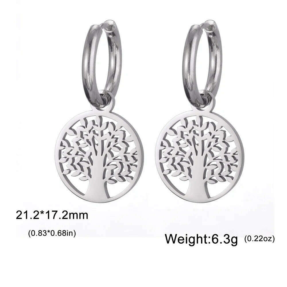 KIMLUD, Gold Plated Tree of Life Rond Dangle Hoop Earrings for Women Stainless Steel Luxury Charm Trend Female Earring Jewelry Gifts, Silver Tree C, KIMLUD APPAREL - Womens Clothes