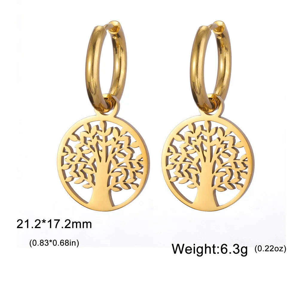 Gold Plated Tree of Life Rond Dangle Hoop Earrings for Women Stainless Steel Luxury Charm Trend Female Earring Jewelry Gifts - KIMLUD