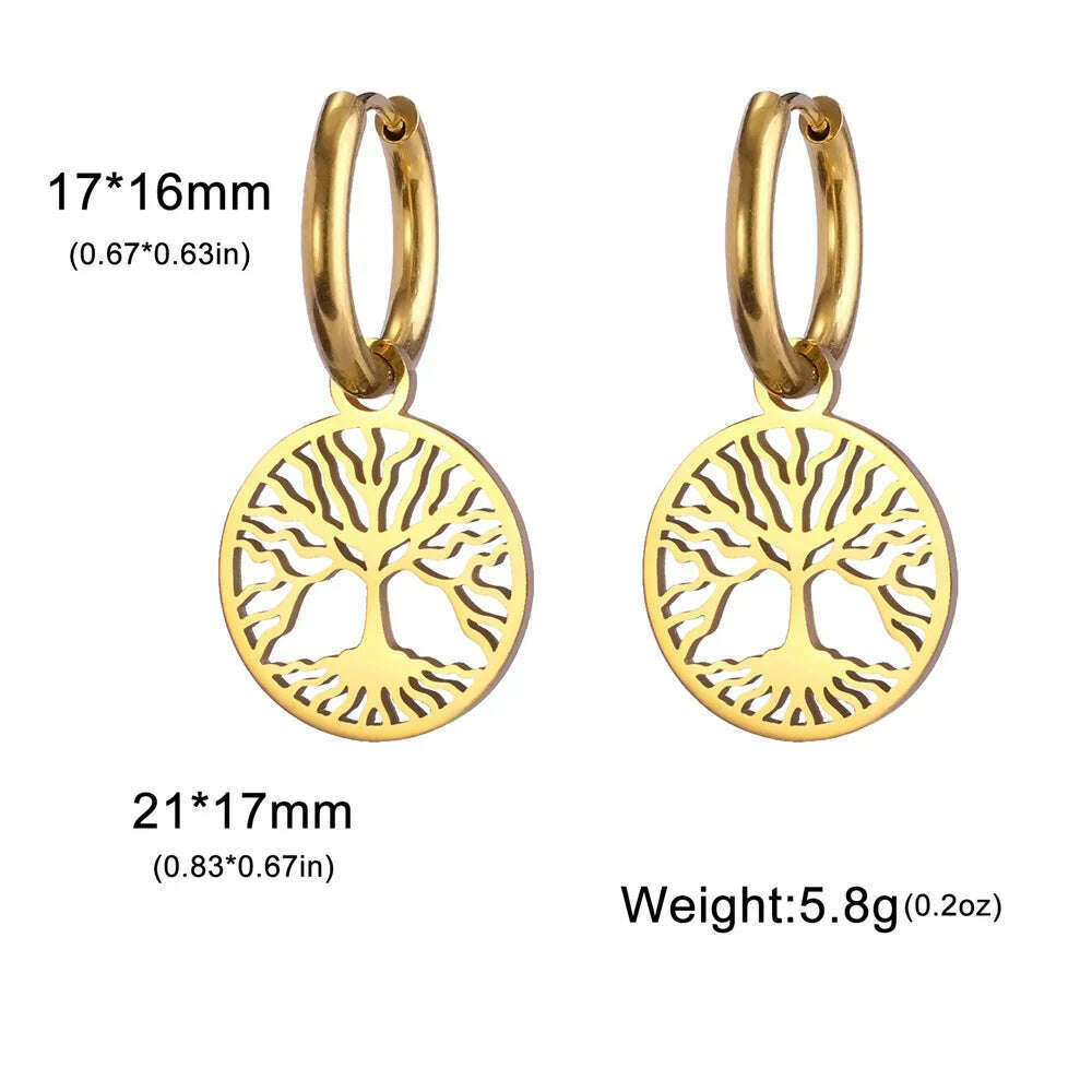 Gold Plated Tree of Life Rond Dangle Hoop Earrings for Women Stainless Steel Luxury Charm Trend Female Earring Jewelry Gifts - KIMLUD