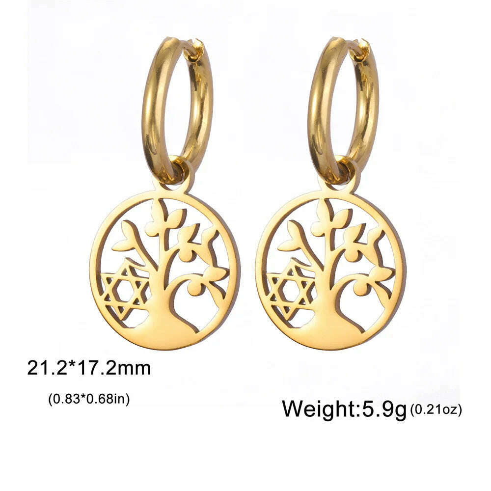 KIMLUD, Gold Plated Tree of Life Rond Dangle Hoop Earrings for Women Stainless Steel Luxury Charm Trend Female Earring Jewelry Gifts, Gold Tree H, KIMLUD APPAREL - Womens Clothes