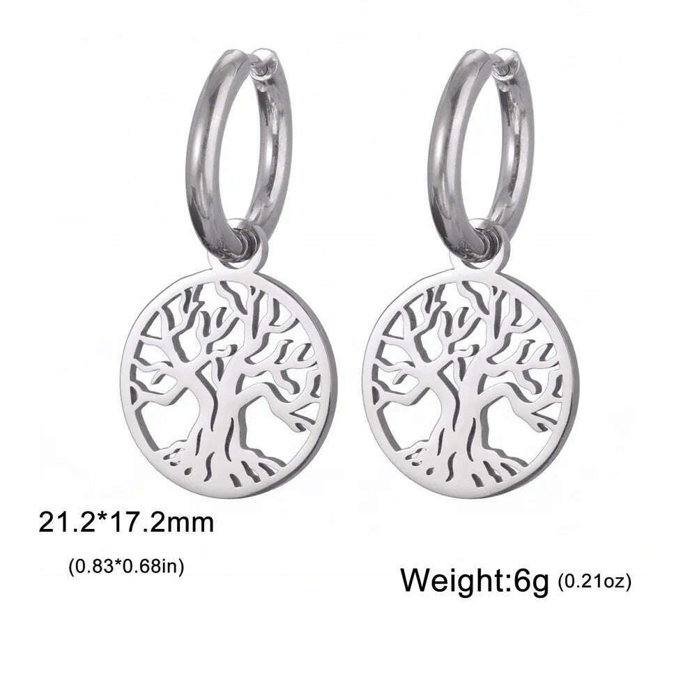 KIMLUD, Gold Plated Tree of Life Rond Dangle Hoop Earrings for Women Stainless Steel Luxury Charm Trend Female Earring Jewelry Gifts, Silver Tree I, KIMLUD APPAREL - Womens Clothes