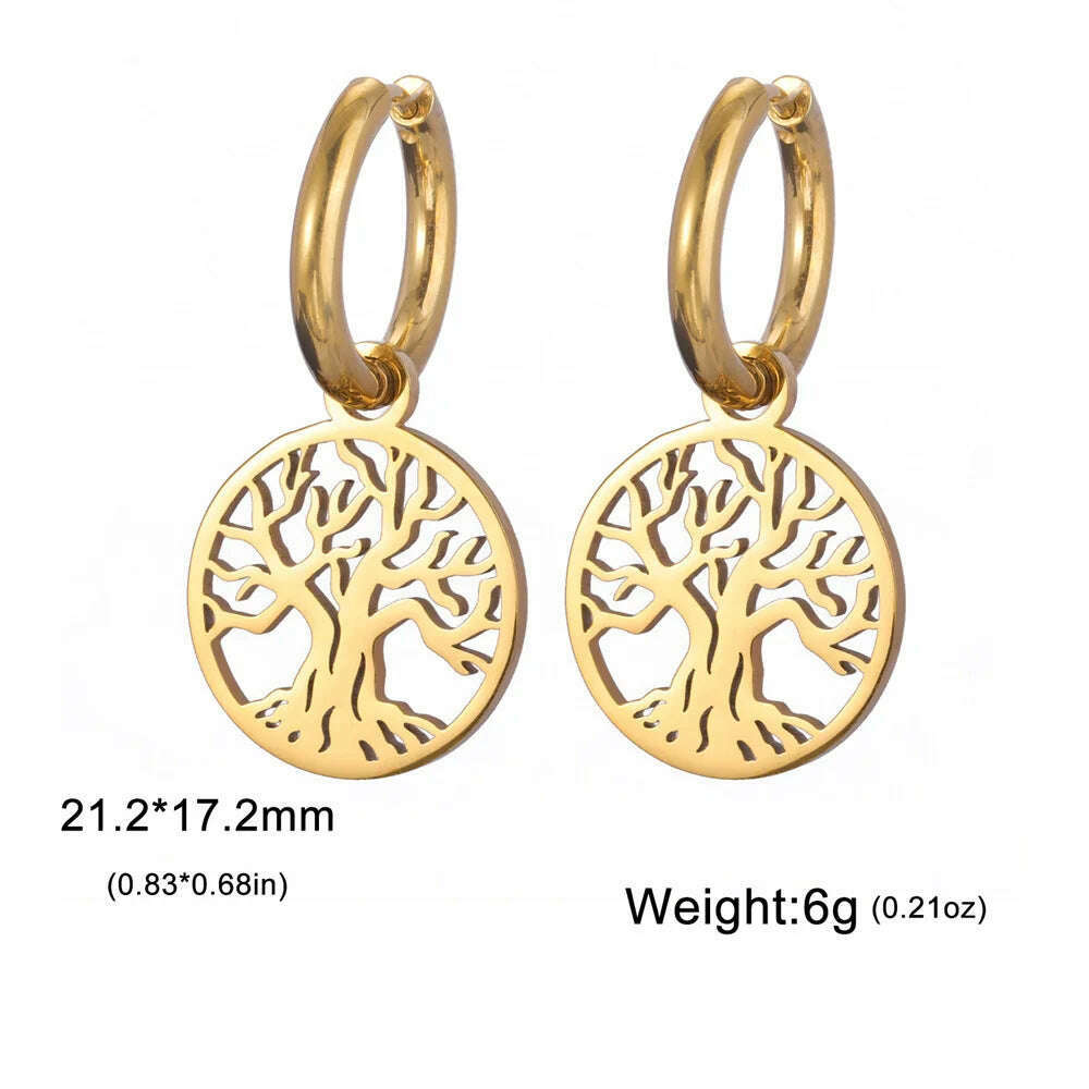 Gold Plated Tree of Life Rond Dangle Hoop Earrings for Women Stainless Steel Luxury Charm Trend Female Earring Jewelry Gifts - KIMLUD