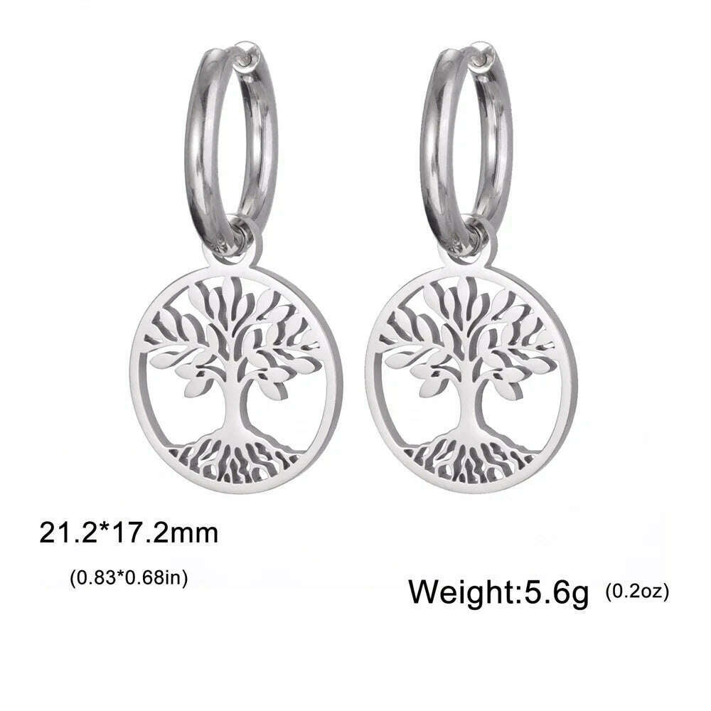 KIMLUD, Gold Plated Tree of Life Rond Dangle Hoop Earrings for Women Stainless Steel Luxury Charm Trend Female Earring Jewelry Gifts, Silver Tree A, KIMLUD APPAREL - Womens Clothes