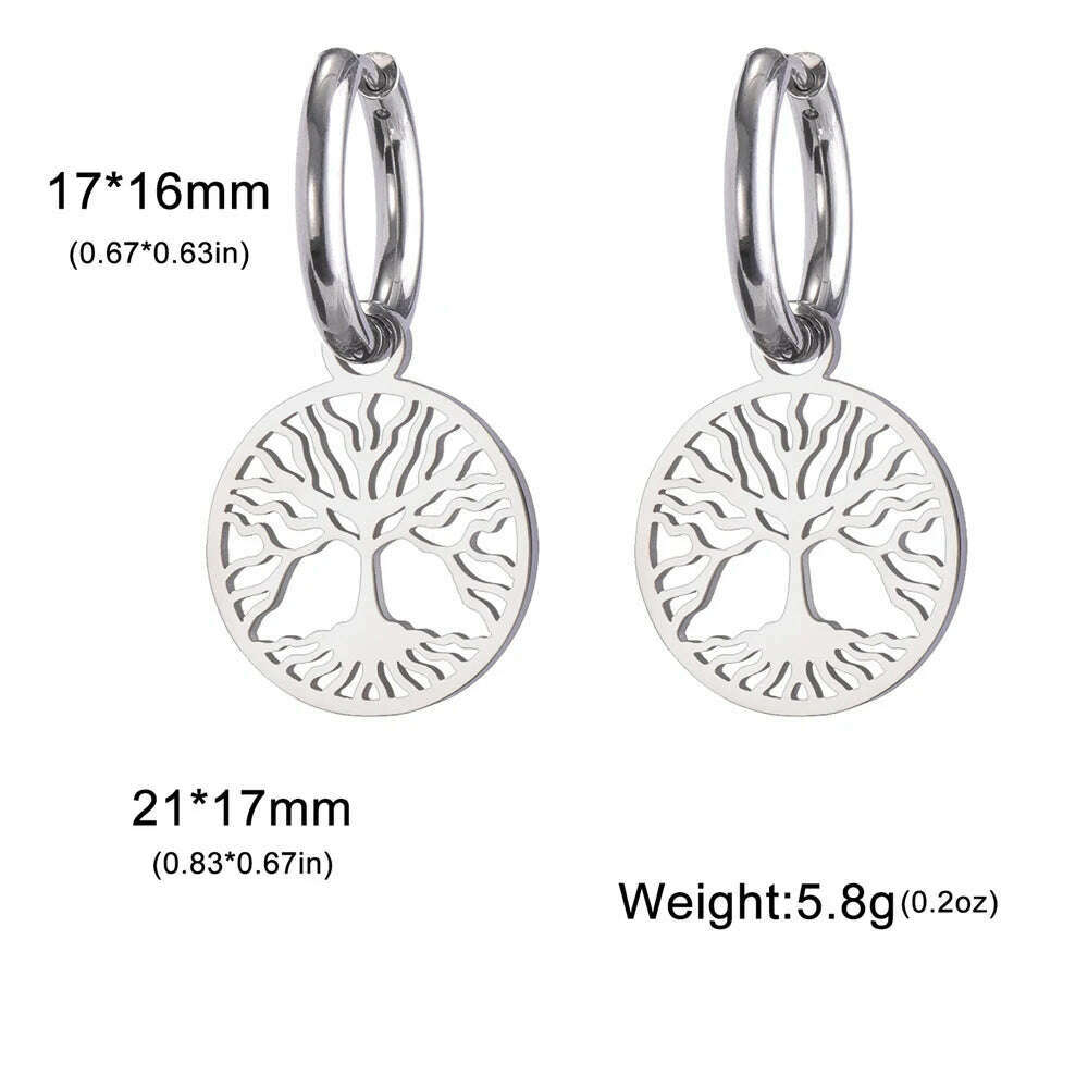 Gold Plated Tree of Life Rond Dangle Hoop Earrings for Women Stainless Steel Luxury Charm Trend Female Earring Jewelry Gifts - KIMLUD