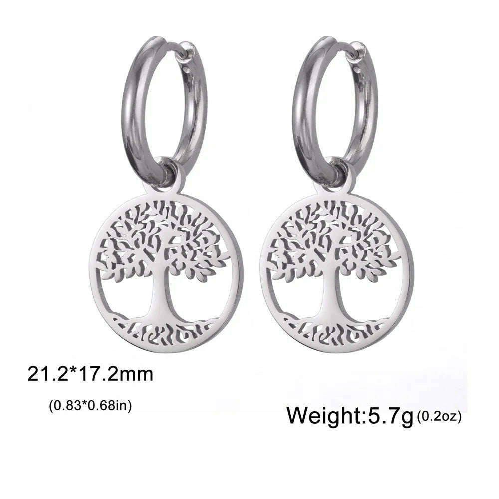 KIMLUD, Gold Plated Tree of Life Rond Dangle Hoop Earrings for Women Stainless Steel Luxury Charm Trend Female Earring Jewelry Gifts, Silver Tree E, KIMLUD APPAREL - Womens Clothes