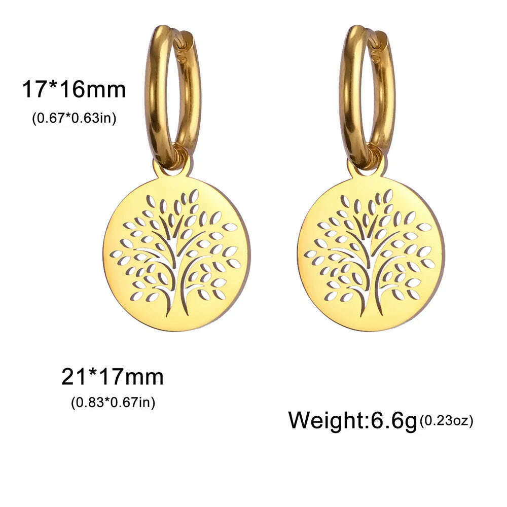 KIMLUD, Gold Plated Tree of Life Rond Dangle Hoop Earrings for Women Stainless Steel Luxury Charm Trend Female Earring Jewelry Gifts, Gold tree of life, KIMLUD APPAREL - Womens Clothes