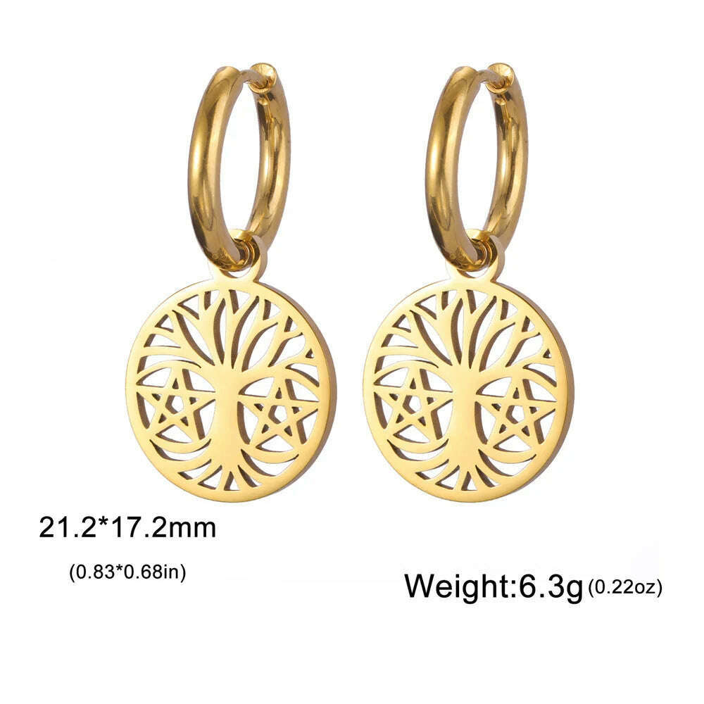 KIMLUD, Gold Plated Tree of Life Rond Dangle Hoop Earrings for Women Stainless Steel Luxury Charm Trend Female Earring Jewelry Gifts, Gold Tree Star, KIMLUD APPAREL - Womens Clothes