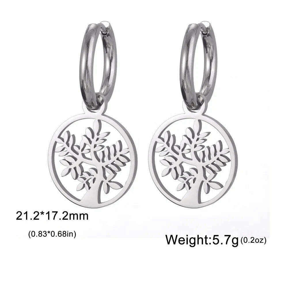 KIMLUD, Gold Plated Tree of Life Rond Dangle Hoop Earrings for Women Stainless Steel Luxury Charm Trend Female Earring Jewelry Gifts, Silver Tree F, KIMLUD APPAREL - Womens Clothes