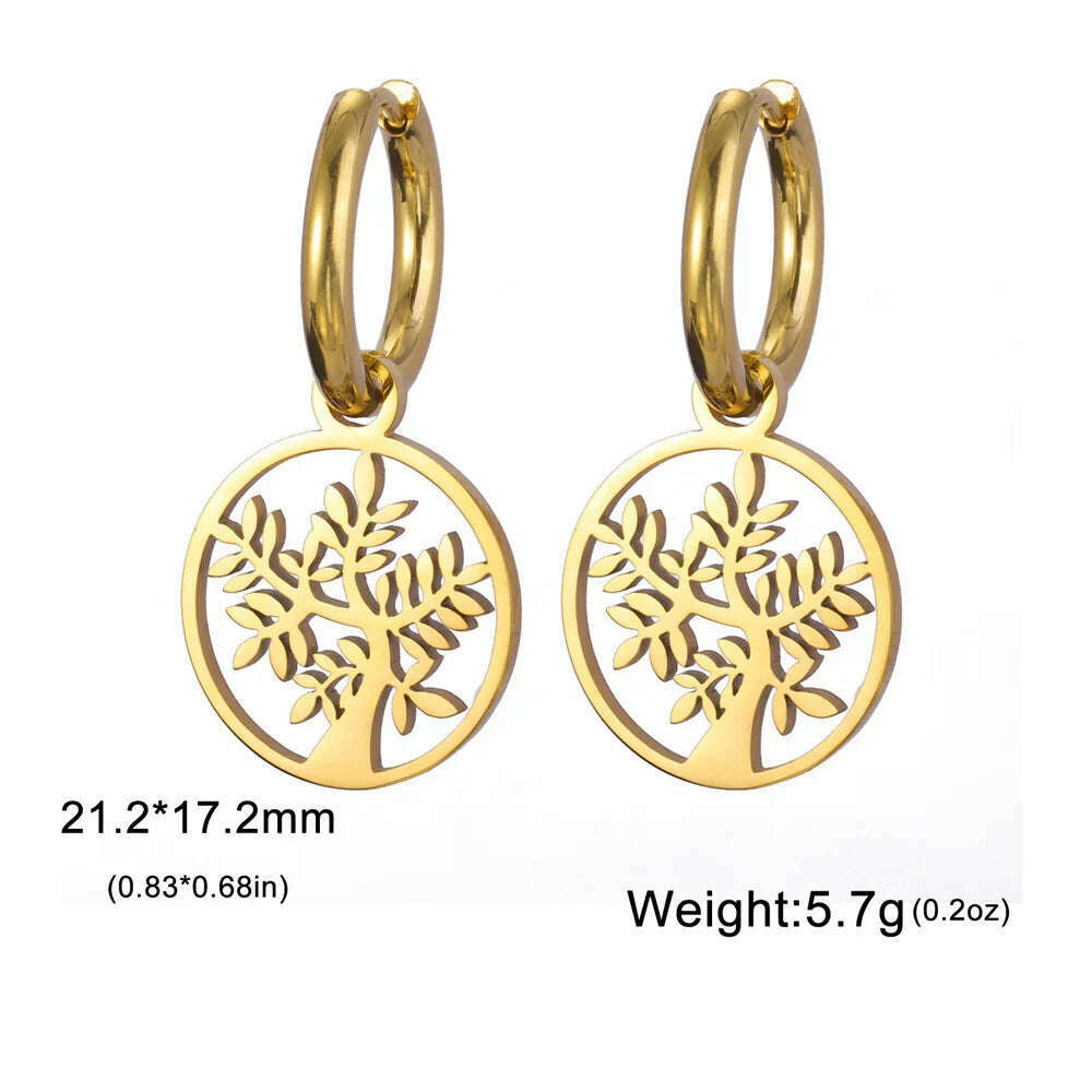 Gold Plated Tree of Life Rond Dangle Hoop Earrings for Women Stainless Steel Luxury Charm Trend Female Earring Jewelry Gifts - KIMLUD