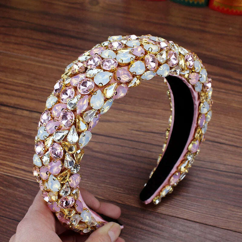 KIMLUD, Gorgeous Baroque Hair Jewelry Bohemian Padded Crystal Crown Headbands Exaggerated Rhinestone Tiara Hairbands For Women Wedding, pink, KIMLUD APPAREL - Womens Clothes