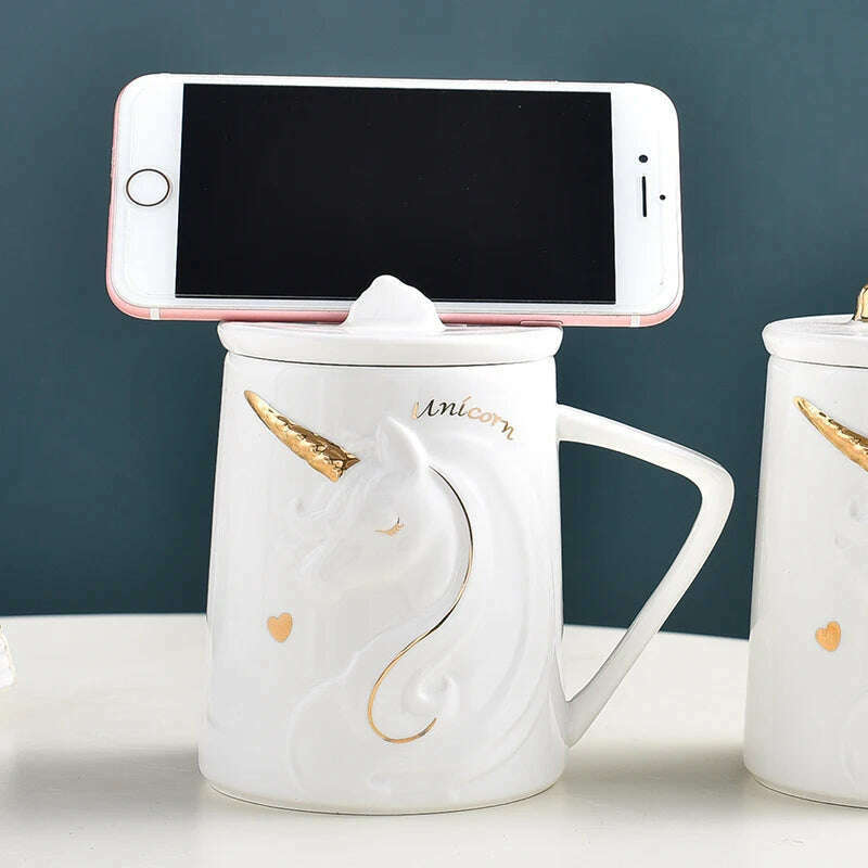 Gorgeous Relief Unicorn Coffee Mug with Mobile Phone Holder Lid Cute Water Tea Ceramic Milk Breakfast Cup Creative Gift - KIMLUD