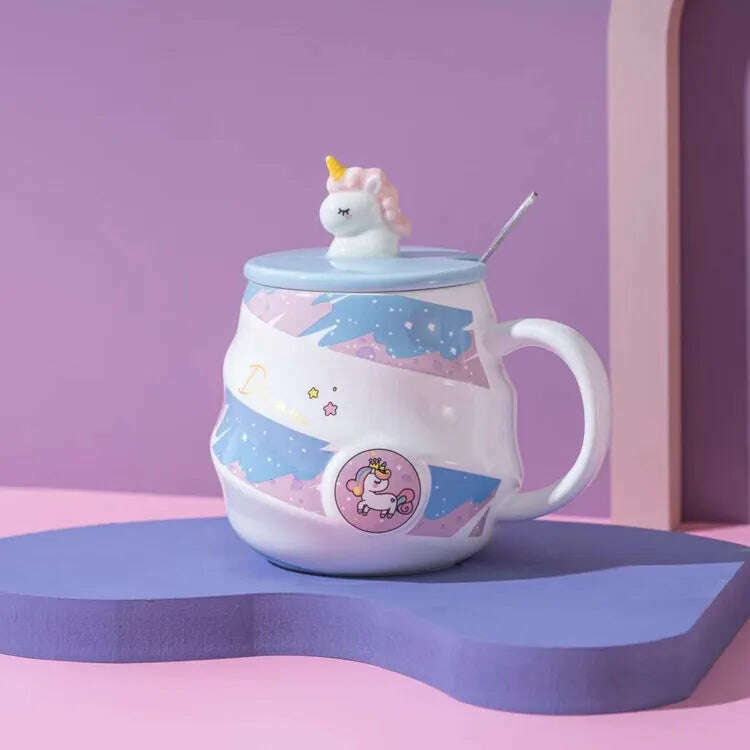 KIMLUD, Gorgeous Relief Unicorn Coffee Mug with Mobile Phone Holder Lid Cute Water Tea Ceramic Milk Breakfast Cup Creative Gift, Unicorn Blue Stripe / 301-400ml, KIMLUD APPAREL - Womens Clothes