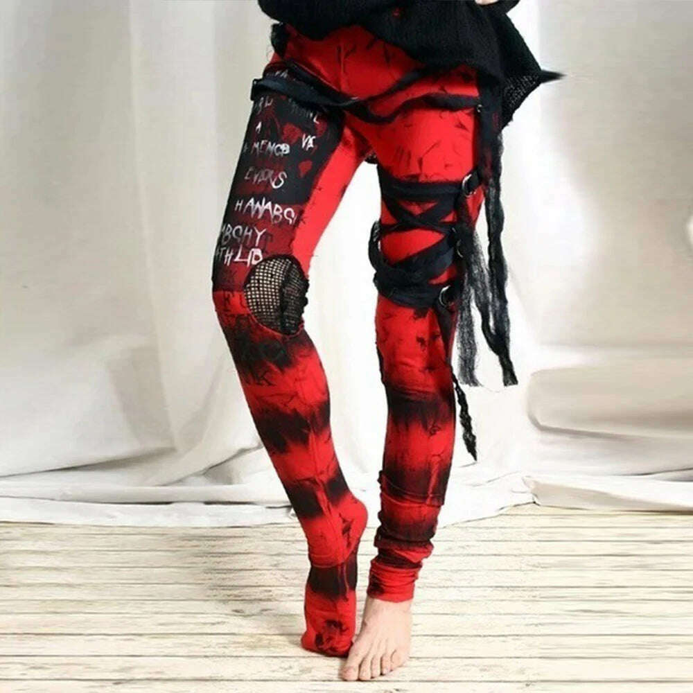 Gothic Mesh Tie Leggings For Woman Clothing 2023 Autumn Streetwear Girls Black Long Pants for Female Bodycon Trousers - KIMLUD