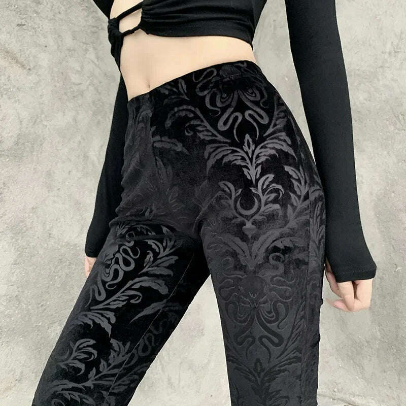 Gothic Retro Print Black Pants Women Harajuku High Waist Flared Pants 2023 Punk Velvet Trousers Vintage Streetwear Dark Academia - KIMLUD